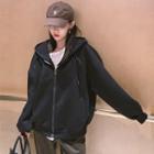Hooded Oversize Lettering Cardigan / Plain Wide-leg Pants