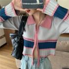 Color Block Zip-up Knit Top Gray & Pink & Blue - One Size