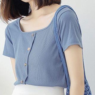 Short-sleeve Square Neck Button T-shirt