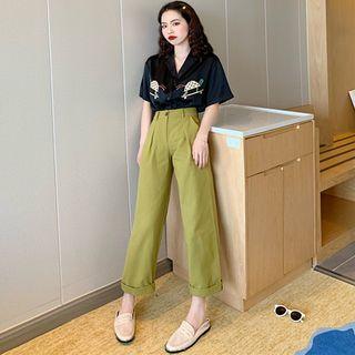 Embroidered Short-sleeve Shirt / High-waist Wide-leg Pants