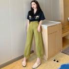 Embroidered Short-sleeve Shirt / High-waist Wide-leg Pants