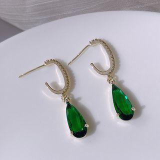 Rhinestone Gemstone Dangle Earring 1 Pair - Gold & Green - One Size