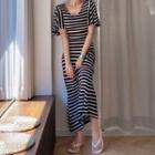 Striped Short-sleeve Maxi Sheath Dress