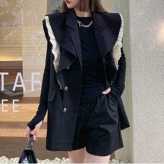 Pleated Trim Double-breasted Vest Set Of 2 - Jacket & Skirt - Black - One Size