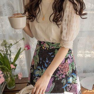 Lace-sleeve Plain T-shirt