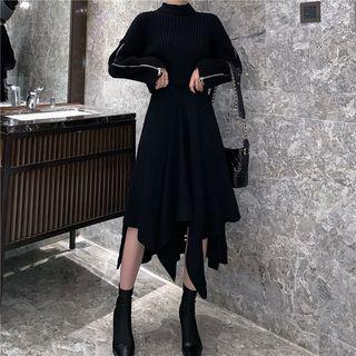 Zipper-sleeved Crop Sweater / Asymmetric Knit Midi Skirt