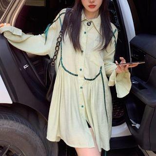 Long-sleeve Midi A-line Shirt Dress Grass Green - One Size