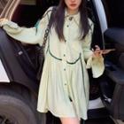 Long-sleeve Midi A-line Shirt Dress Grass Green - One Size