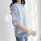 Elbow-sleeve Lace-panel Perforated T-shirt