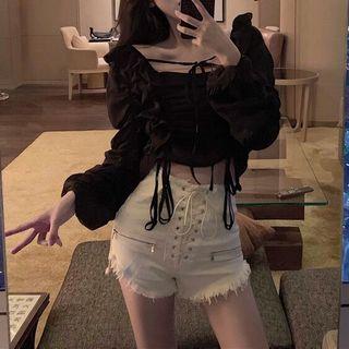 Ruffled Square Neck Long-sleeve Cropped Blouse As Shown In Figure - One Size