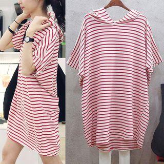 Striped Elbow-sleeve Hooded T-shirt Tunic