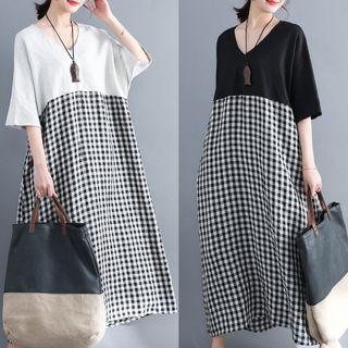 Gingham Panel Short-sleeve Dress