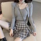 Long-sleeve Cardigan + Camisole / High-waist Pleated Plaid Skirt
