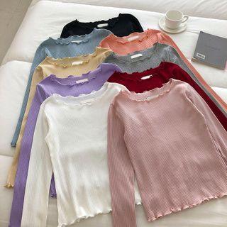 Plain Crewneck Ruffled-trim Long-sleeve Knit Top
