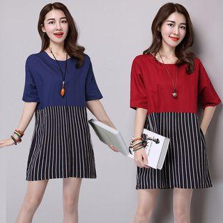 Elbow-sleeve Striped Panel Dress