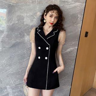 Set: Short-sleeve Dotted Double-breasted Mini Sheath Blazer Dress + Shorts