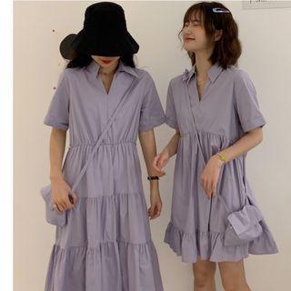 Set: Short-sleeve Frill Trim A-line Dress + Crossbody Bag