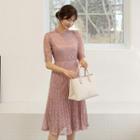 Round-neck Pleated-hem Laced Dress