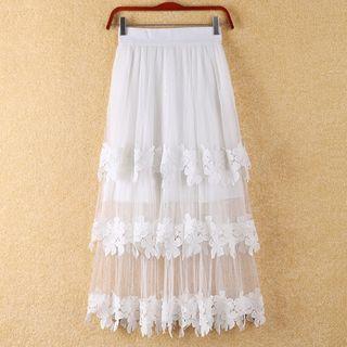 Lace Panel Midi Mesh Tiered Skirt