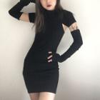 Set: Short-sleeve Top + Strappy Mini Sheath Dress + Gloves