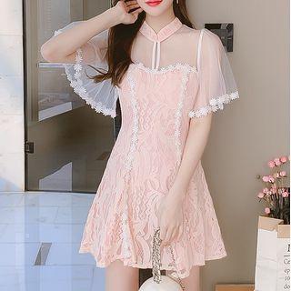 Elbow-sleeve Mesh Qipao Dress