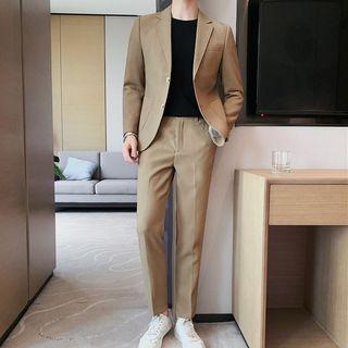 Set: Plain Single-breasted Blazer + Straight Leg Dress Pants