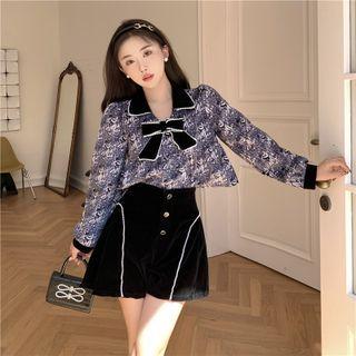 Set: Long-sleeve Beaded Bow Accent Patterned Cropped Blouse + Wide Leg Shorts