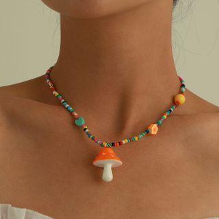 Mushroom Pendant Bead Choker Orange Mushroom - Blue & Orange & Green & Yellow - One Size