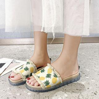 Fringed Trim Fruit Print Slide Sandals