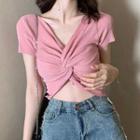 Short-sleeve Twist-front Cropped Knit Top