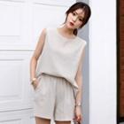 Set: Round-neck Sleeveless Linen Blend Top + Band-waist Shorts