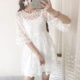Set: Elbow Sleeve Lace Dress + Spaghetti Strap Dress