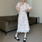 Short-sleeve Floral Shirt / High-waist Lace Panel Floral A-line Midi Skirt