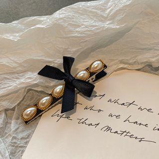 Faux Pearl Bow Hair Clip My33092 - Black - One Size