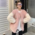 Long-sleeve Applique Color Block Baseball Jacket As Shown In Figure - One Size