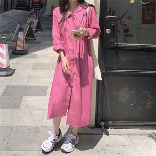 Plain Long-sleeve Midi A-line Shirtdress Rose Pink - One Size
