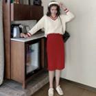 Set: Contrast Trim Sweater + Midi Pencil Skirt