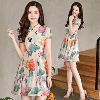 Short-sleeve Stand Collar Printed Dress