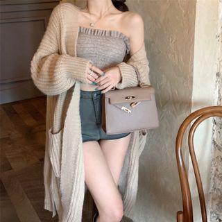 Set: Long Cardigan + Frill Trim Tube Top Set Of 2 - Jacket - Pink - One Size / Top - Gray - One Size