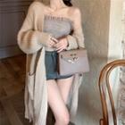 Set: Long Cardigan + Frill Trim Tube Top Set Of 2 - Jacket - Pink - One Size / Top - Gray - One Size