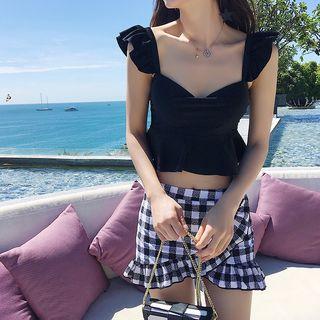 Set: Frilled Trim Swim Top + Check Swim Skirt