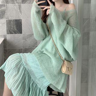 Oversize Long-sleeve Knit Top / Spaghetti Strap Midi Dress