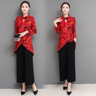 Set: Floral Long-sleeve Blouse + Wide Leg Pants