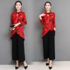 Set: Floral Long-sleeve Blouse + Wide Leg Pants