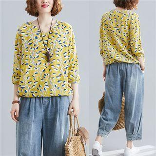 Leaf Print Long-sleeve Linen T-shirt Yellow - One Size