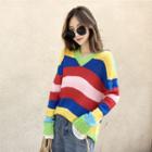Rainbow Striped V-neck Sweater As Shown In Figure - One Size