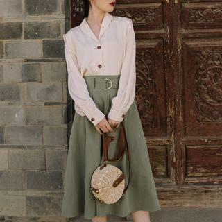 Set: V-neck Long-sleeve Shirt + Plain High-waist Midi Dress
