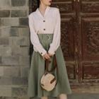 Set: V-neck Long-sleeve Shirt + Plain High-waist Midi Dress