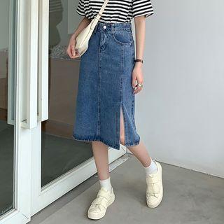 High-waist Side Slit Denim A-line Skirt