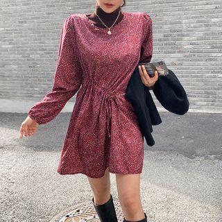 Drawstring-front Patterned Dress Wine Red - One Size